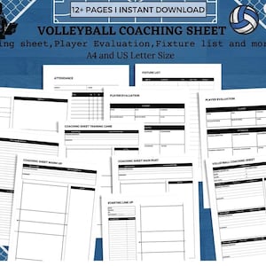 May include: A collection of white volleyball coaching sheets with black text and grid layouts. The documents include sections for player evaluation, attendance, fixture lists, and game notes, available in A4 and US Letter sizes for instant download.