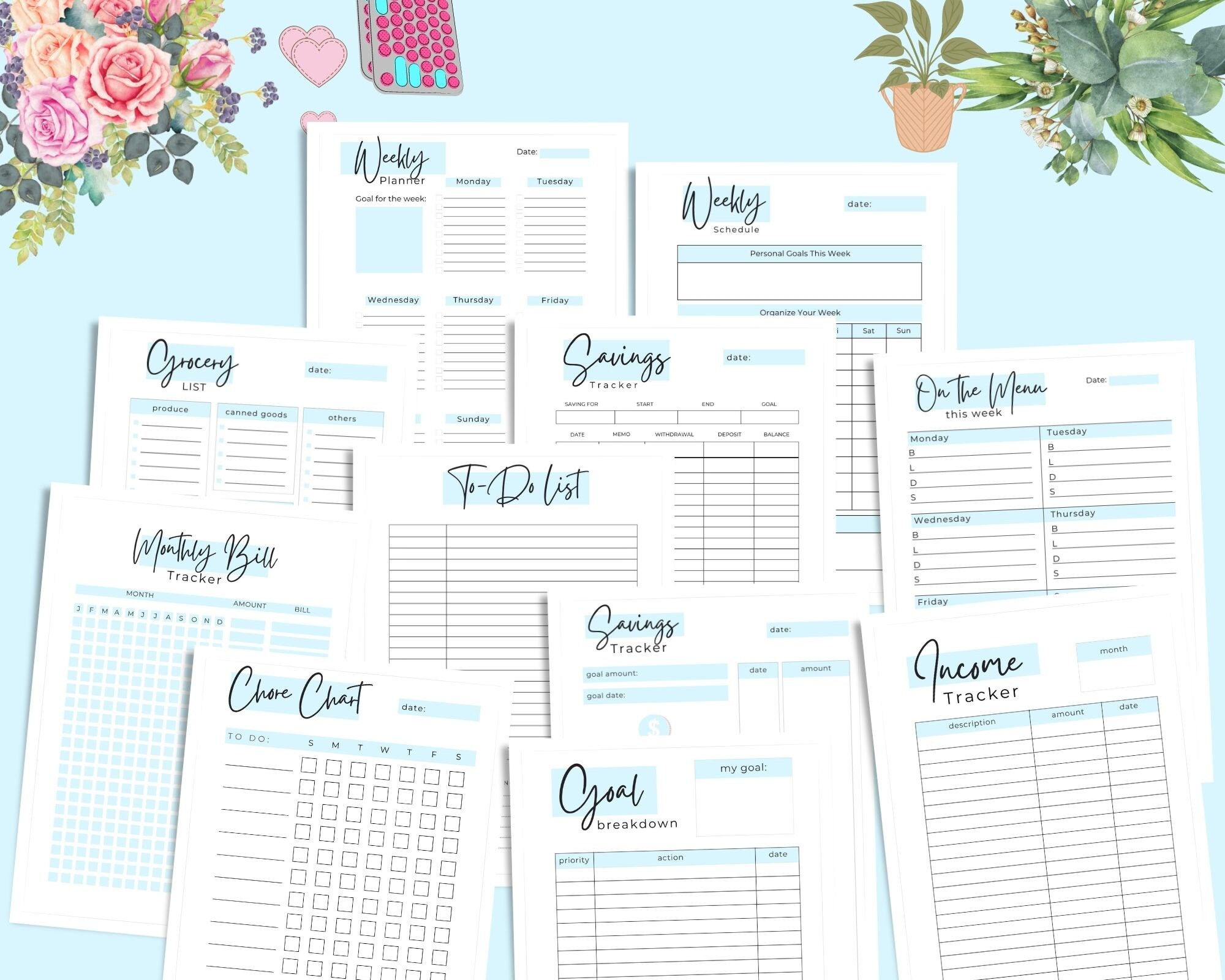 A5 Baby Blue Happy Planner Bundle, Daily Weekly Monthly (PDF Download ...