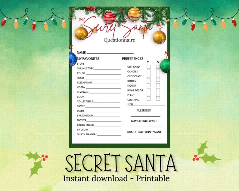 Printable Secret Santa Questionnaire | Green Secret Santa Form | Secret ...