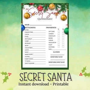 Green Secret Santa Questionnaire | Printable Secret Santa form | Secret Santa for Work | Christmas Party Activities Secret Santa Wish List