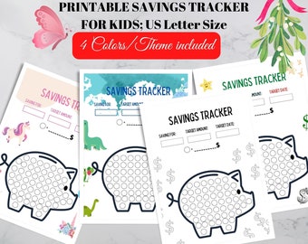 Puede incluir: Seguimiento de ahorros imprimible para niños, con cuatro temas diferentes: un unicornio, un dinosaurio, un mapa del mundo y una alcancía. Cada seguimiento incluye un espacio para escribir el objetivo de ahorro, la cantidad objetivo y la fecha objetivo. El diseño de la alcancía tiene una cuadrícula de círculos para colorear a medida que se ahorra dinero.