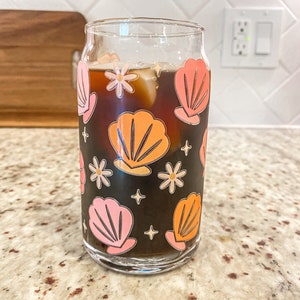 Seashell Glass Cup With Bamboo Lid | Beach Iced Coffee Cup Glass | 16 oz Beer Can Glass for Summer