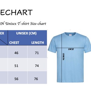 May include: Size chart for a Gildan unisex t-shirt showing chest and length measurements in centimeters for sizes S, M, and L.