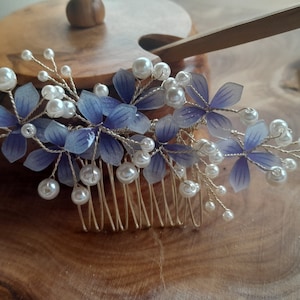 Bridal flower Hair pins comb purple blue faux pearls acrylic glass like petalsdiamonds gold leaves bridesmaids prom