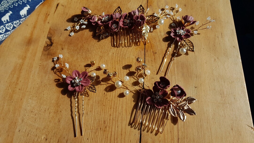 Bridal Flower Hair Pins Comb 4 Pcs Burgandy Maroon Flowers Etsy UK