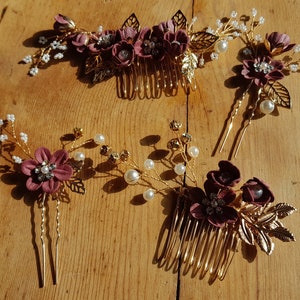 Bridal flower Hair pins comb 4 pcs burgandy maroon flowers faux pearls diamonds gold leaves bridesmaids prom