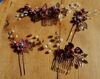 Bridal flower Hair pins comb 4 pcs burgandy maroon flowers faux pearls diamonds gold leaves bridesmaids prom