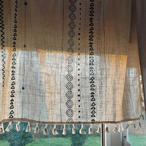 Boho curtain pure linen panel geometric pattern black beige pole pocket tassels curtains country chic