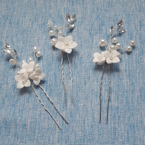 Bridal hair pins white porcelain flowers 3pcs pearls rhinestones jewels silver wedding bridesmaids bride