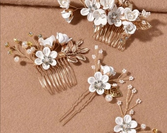 Bride flower Hair pins comb 4pcs white flowers faux pearls diamonds gold leaves bridesmaids prom
