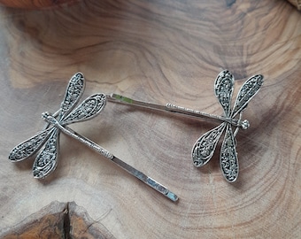 Antique silver dragonfly hair grips 2 pcs grip pin party bridesmaids prom