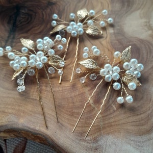 Bridal flower gold Hair pins 3pcs delicate pearls gold leaves bridesmaids prom Bild 4