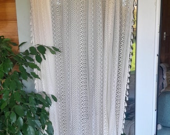 Crochet curtain panel boho style curtains cream pole pocket valance rustic country chic