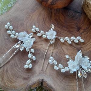 Silver Bridal hair pins white porcelain flowers 3pcs pearls rhinestones jewels wedding bridesmaids bride
