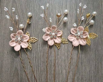 Bridal flower Hair pins 3pcs baby pink flowers faux pearls diamonds gold leaves bridesmaids prom