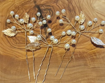 Bridal gold Hair pins 3pcs delicate pearls gold or silver leaves bridesmaids prom