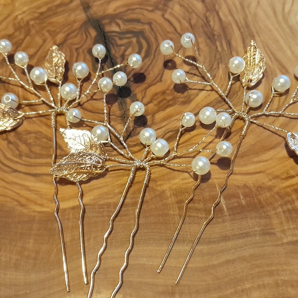 Bridal gold Hair pins 3pcs delicate pearls gold or silver leaves bridesmaids prom