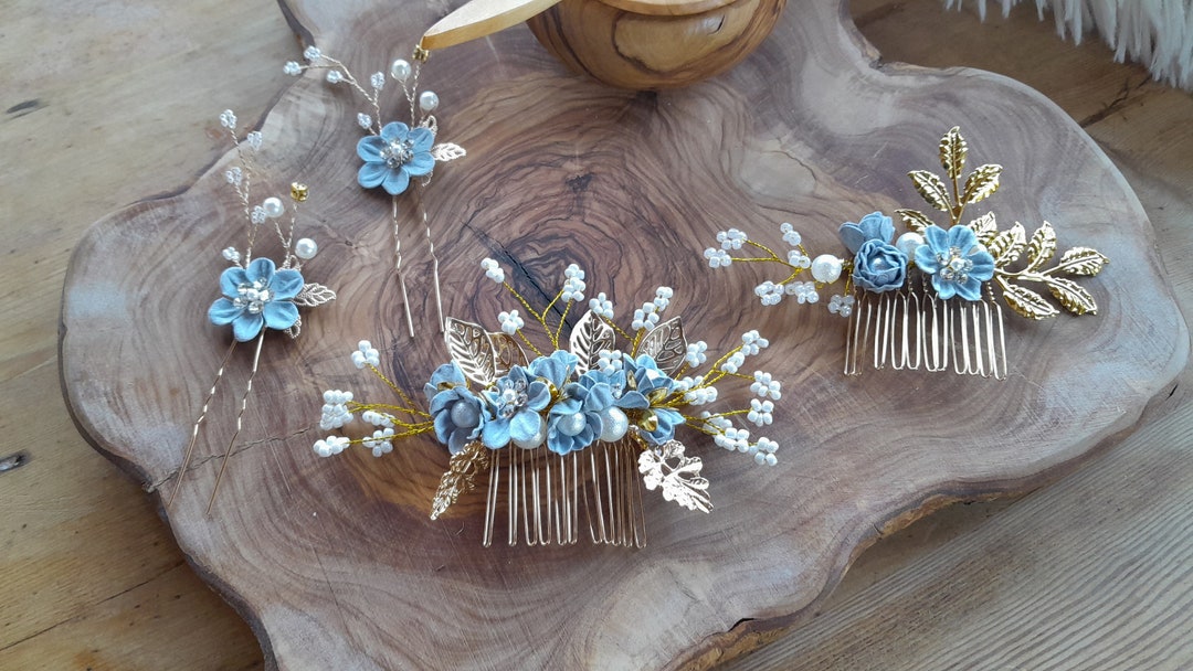 Bridal Flower Hair Pins Comb 4 Pcs Baby Blue Flowers Faux Pearls