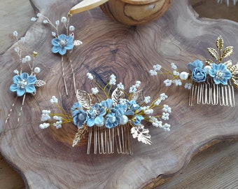 Bridal flower Hair pins comb 4 pcs baby blue flowers faux pearls diamonds gold leaves bridesmaids prom