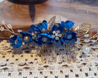 Bridal flower Hair pins comb royal blue faux pearls diamonds gold leaves bridesmaids prom