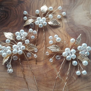 Bridal flower gold Hair pins 3pcs delicate pearls gold leaves bridesmaids prom Bild 1