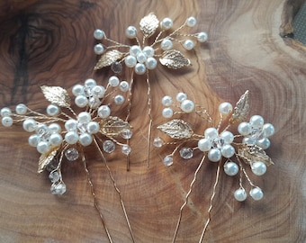 Bridal flower gold Hair pins 3pcs delicate pearls gold leaves bridesmaids prom