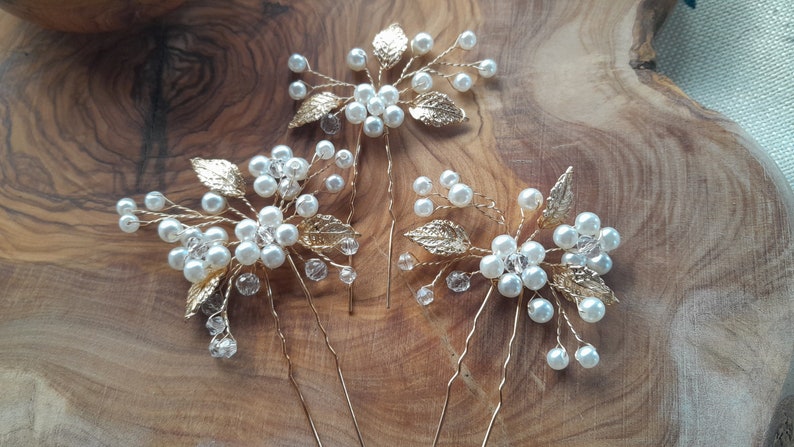 Bridal flower gold Hair pins 3pcs delicate pearls gold leaves bridesmaids prom Bild 1