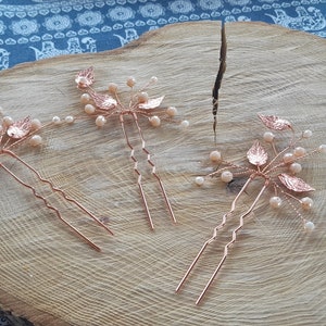 Bridal rose gold Hair pins 3pcs delicate pearls rose gold leaves bridesmaids prom