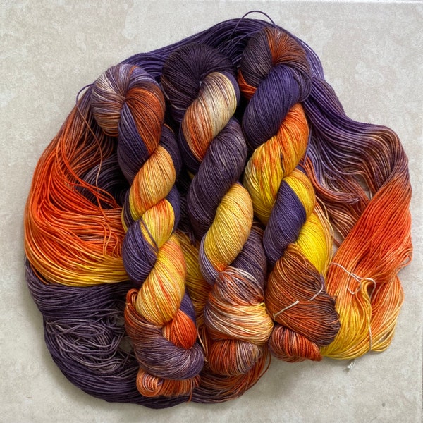 Hand Dyed 4 Ply Yarn |Ready To Ship | Yarn | Superwash | Multi colored| Yarn | fingering yarn | Sock Yarn | Purple| Purple Volcano!