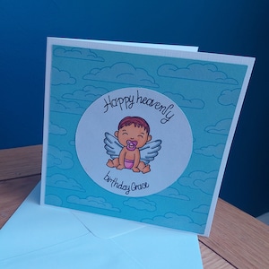 Personalised happy heavenly birthday card, baby with wings, baby loss birthday gift, birthday memorial