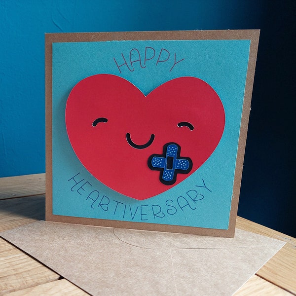 Red heart with plaster - Happy heartiversary card - CHD awareness, gift for heart warrior