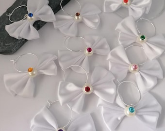 Juego de 10 marcadores de cristal, lazos blancos, cuentas acrílicas, boda, bautismo, número de artículo: X-00145