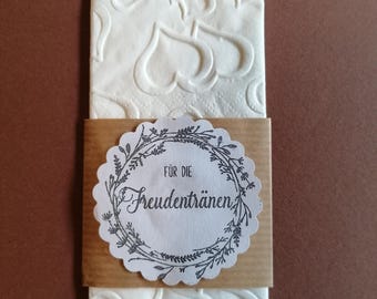 10x Pañuelos para lágrimas de alegría con corazones en relieve y banderola: Lágrimas de alegría X-00149