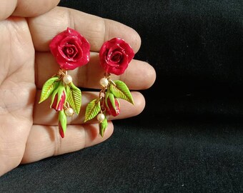 Hand-Painted Clay Rose Dangle Earrings: Bollywood Indian Jewelry