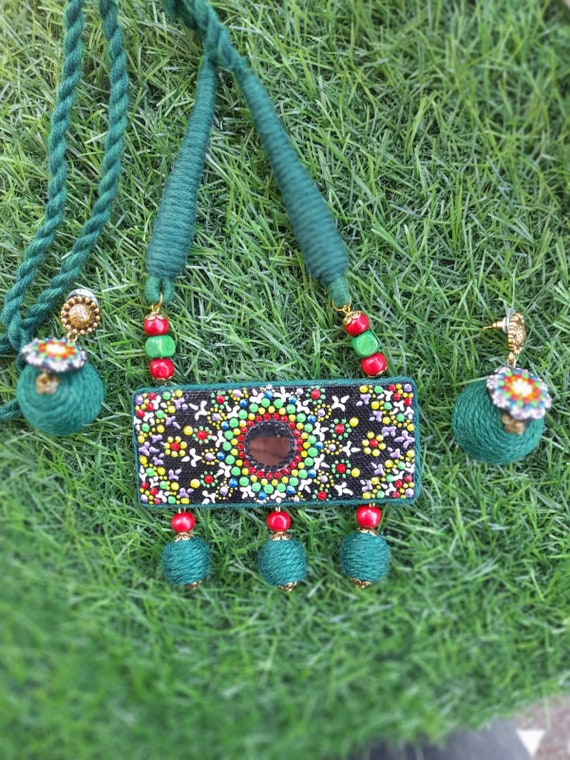 Hand Painted Mirror Work Necklace Set Dangle Earrings Bollywood Style Jewelry Eco friendly Clay Earrings Traditional Indian Jewellery Etsy Canada
