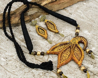 Golden Beeded  floral embosses with black lase  Necklace| Handmade jewellery, Handpainted | handcrafted clay jewelry set with long earrings|