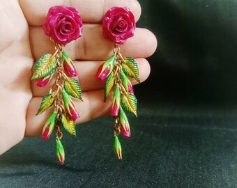 Hand-Painted Clay Rose Dangle Earrings: Bollywood Indian Jewelry