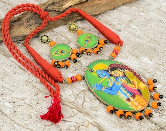 lord radha krishna handpainted, checkered Designer Necklace, halloween Necklace with Earrings, Adjustable Necklace, boho theme,wedding