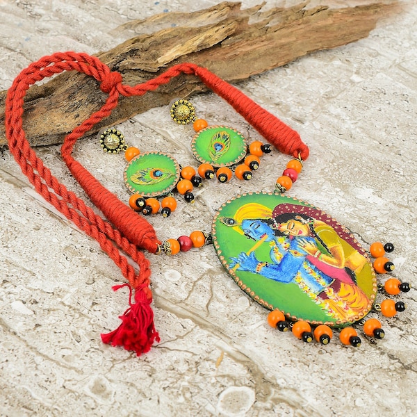 Lord Radha Krishna peint à la main, collier de créateur à carreaux, collier halloween avec boucles d'oreilles, collier réglable, thème bohème, mariage