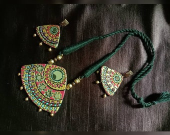 Hand Painted Mirror work necklace set  Dangle Earrings | Bollywood Style Jewelry | Eco-Friendly Clay Earrings | Traditional Indian Jewellery