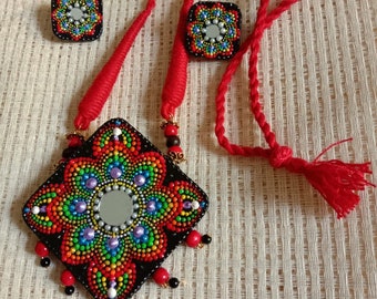 CRISTMAS GIFTminimalistHandmade Jewelry, Eco friendly jewelry, mirror work ,red thread ,eco friendly Handmade clay art workClay Necklace