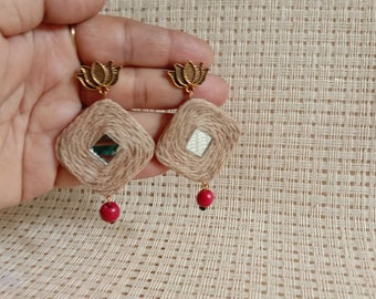 Burlap &jute mirror work Earrings burlap JUTE Earrings | Bollywood Style Jewelry | Eco-Friendly Clay Earrings | Traditional Indian Jewellery