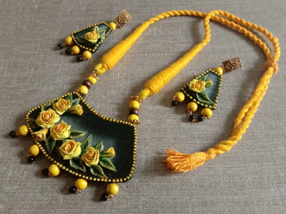 Yellow Floral Ecofriendly Clay Ornamentsyellow Necklace With
