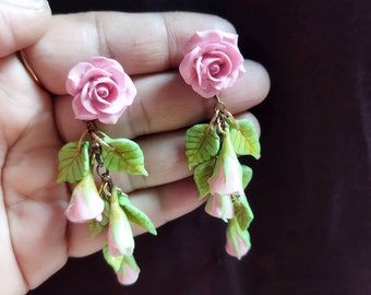 Handmade Clay Floral Earrings: Rose Dangle, Hypoallergenic Jewelry