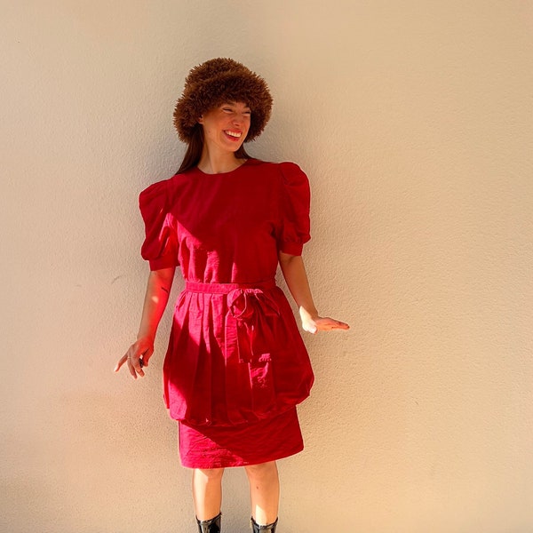 80s Vintage Gown Red Silk with Puff Sleeves and Volants - Belted Pencil Dress
