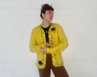 90s Vintage Cardigan Yellow Wool with Fur Pompoms and Swirling Ribbons - Handcrafted Women's Knit Jacket