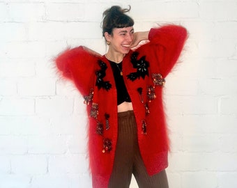 Vintage Cardigan Red Mohair Wool Handcrafted - Fuzzy 80s 90s Women’s Flower Patchwork Knit Jacket Oversized