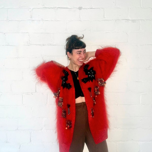 Cardigan vintage Red Mohair Wool fabriqué à la main - Fuzzy 80s 90s Women’s Flower Patchwork Knit Jacket Oversize