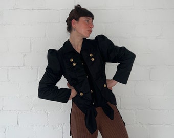 80s Vintage Silk Blazer Black - Padded Women's Folklore Jacket with Golden Buttons