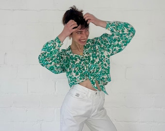 80s Vintage Blouse Floral Patterned Green Size 11